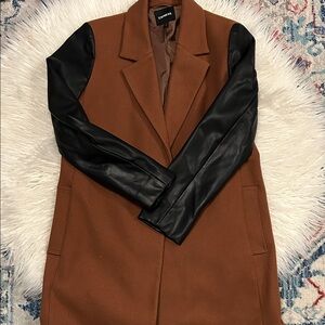 Express Brown Coat with Black Faux Leather Sleeves